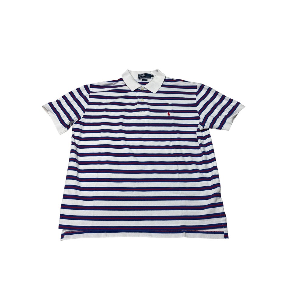 Polo Ralph Lauren Mens Large White Blue Red Striped Pique Polo Shirt S/S